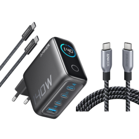 Anker Ladeger?t (140W, 4-Port, PD 3.1) mit USB-C Kabel + Anker Prime USB-C auf USB-C Kabel (240W, Upcycled-Flechtdesign, 1,8m)